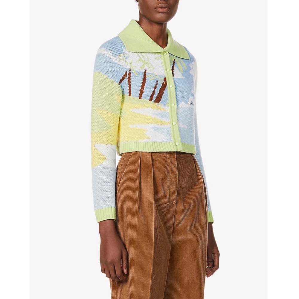 HOUSE OF SUNNY Lime Green Blue Tropical Knit Cropped Collared Cardigan Sweater - Picture 13 of 17